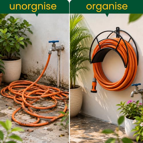 Image of Urban Plant Wall Mount Garden Hose Hanger | Heavy-Duty Watering Hose Reel Holder for Garden, Outdoor, and Garage | Durable Metal Storage Hook for Hose Organization (Black)