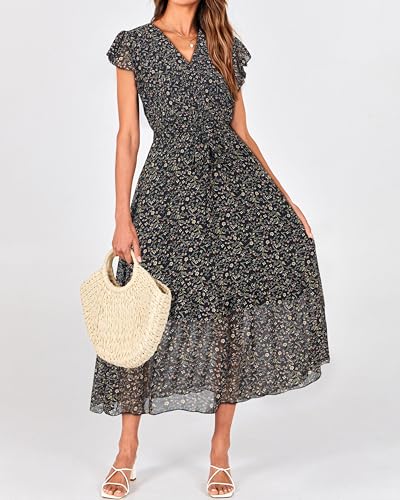 Image of BTFBM Women Summer Bohemian Floral Casual Wrap V Neck Ruffle Cap Sleeveless Belt A-Line Pleated Hem Midi Sun Dress White