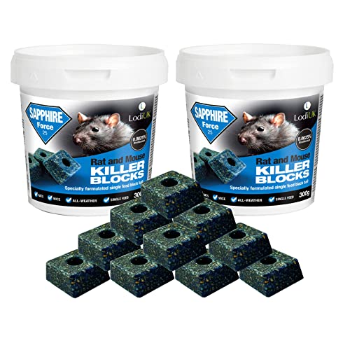 Rat and Mouse Killer Block Bait – Strong Rat Poison Bait Blocks Tub | Fast-Acting Single Feed Rodent Control for Home & Garden | Professional Mice & Rat Poisoning Treatment (2 x Sapphire Tub, 300g)