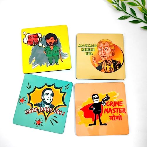 Presta Gifts Tea Coaster Set Bollywood Funny Villains Printed, MDF Wood Material Coasters for Home and Kitchen, Office Table, Dining Table, Home Decor (3.5x3.5 inches, Set of 4)