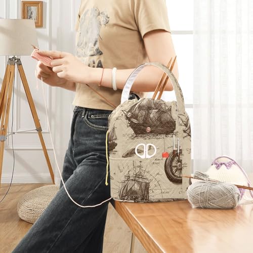 Image of Tatenale Crochet Bag Yarn Bag Knitting Project Bag with Pockets and Handle Portable Yarn Storage Organizer Tangle Free 8.3x11 InchVintage Brown Sailing Ships Starfish Anchor31