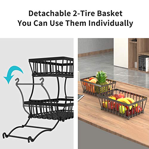 Apsan 2 Tier Countertop Fruit Basket Bowl For Kitchen, Bread Vegetable Fruit Basket Bowl Stand Detachable Metal Rectangular Wire Basket, Black Medium #TOP4