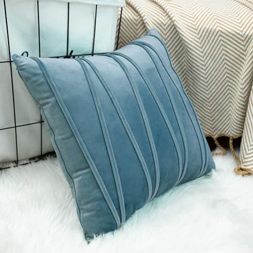 Image of Khooti Velvet Striped Cushion Cover Pack of 1-38 inchX38 inch /97X97 Cm | Ice Blue | Soft Pillow Covers Cushion Case for Sofa Bedroom Living Room Chair Car, Cushion Cover with Zig Zag Pattern