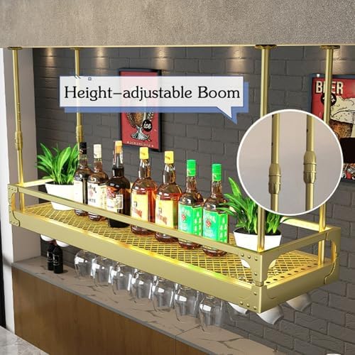 Ceiling Wine Glass Rack, Metal Adjustable Hanging Stemware Wine Rack with Guardrail, Stemwares Holder Glass Storage Hanger Organizer for Bar Cafe Kitchen(Gold,23.6in)
