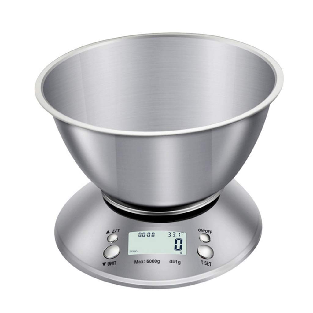 Wagi do ważenia żywności, Cyfrowa waga kuchenna do żywności, z odłączaną misą, 11 funtów/5 kg, funkcja tary, wyświetlacz LCD, czujnik temperatury (kolor: srebrny, rozmiar: 5 kg/1 g)