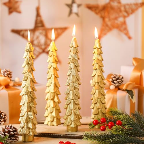 MTLEE 4 Pcs Christmas Tree Shaped Taper Candles Xmas Eve Holiday Candle Unscented Candlesticks for Christmas Party Room House Kitchen Decor Wedding Decorations Gift (Gold,10 Inch)