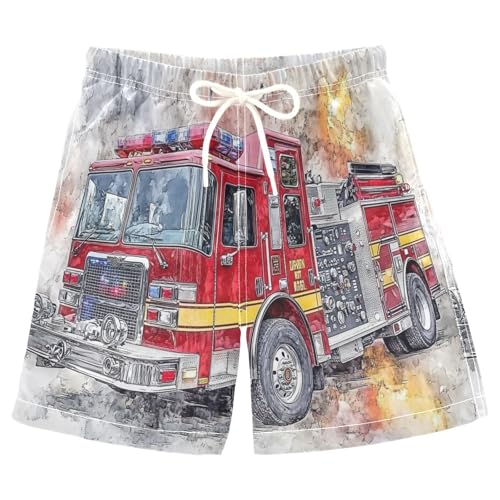 Boys Beach Board Shorts Watercolor Fire Engine Swim Trunk Teen Swimwear 8-16Y Multicolor