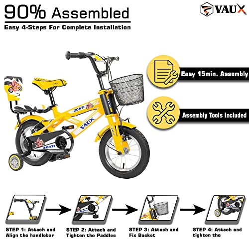 Vaux 2Cati 12inch Cycle for Kids for 2 to 4 Years Old with Basket, Support Wheels & Backseat with Backrest, Ideal for Both Boys & Girls with Steel Frame & Alloy Rims, Ideal Height:2ft to 3ft(Yellow) - Image 5