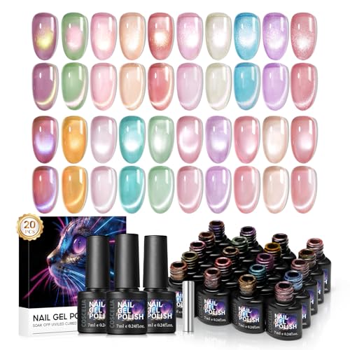 COSCELIA 20pcs Cat Eye Gel Nail Polish Set 20 Spring Summer Colors Jelly Cateye Gel Polish with Magnet Collection Pink Milky Purple Blue Green Pink Magnetic Nail Polish Starter Kit Gifts for Women