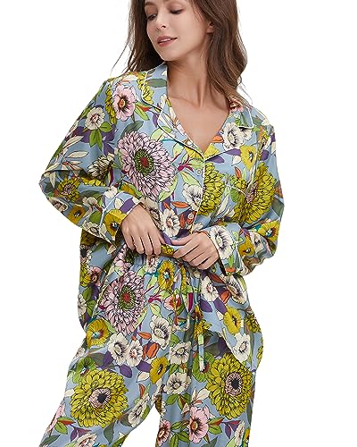 Womens Silk Satin Pajamas Set Button Down 2 Piece Pjs Long Sleeve Oversized Sleepwear with Pockets4
