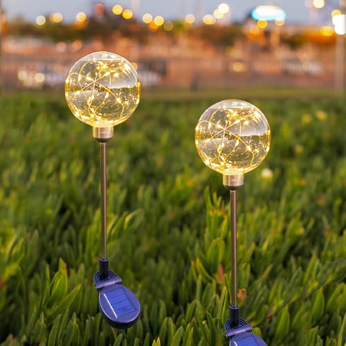 Liiisi 2 Unidades Globo de luz solar de alambre de cobre, Luces Solares Led Exterior Jardin, Ideal Iluminacion Exterior Solar Para Patio, Terraza, Caminos, Luz Calida 70x10cm