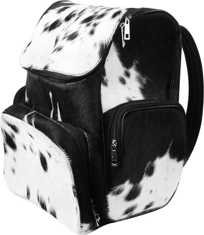 III-Fashions Cowhide Fur Hair Print Leather Diaper Backpack Rucksack / Knapsack Travel Shoulder Bag Dark Brown & White (Backpack 2)