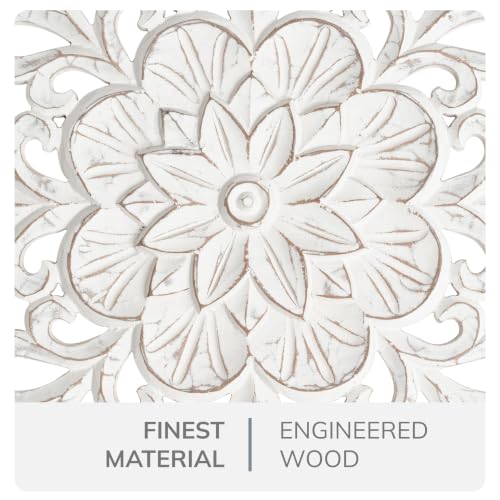 Image of JFY Designs Kaska Hand Carved Wood Medallion Wall Panels Bedroom Decor | Wall Mount Floral Sculpture Wall Art for Living Room, Bedroom Set, White Distressed Finish, Square 36 x 36 inch