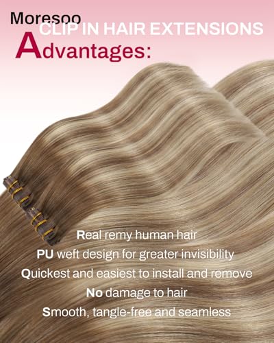 Image of Moresoo Seamless Clip in Human Hair Extensions Light Brown to Dirty Blonde Balayage Human Hair Clip in Extensions Remy Human Hair Straight Clip ins Extensions Invisible 120g /7pcs 20 inch