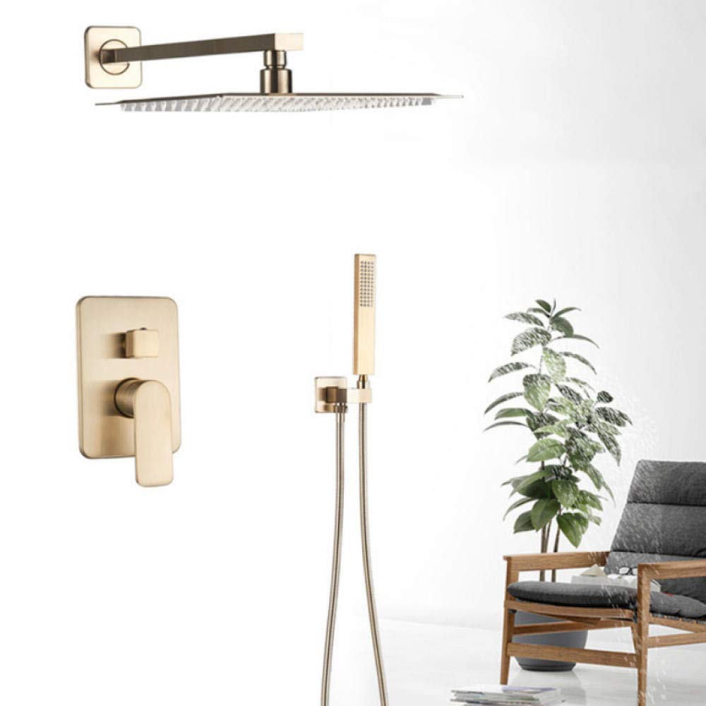 ASerZenith Brushed Gold Wall Mounted 10 inch Rainfall Bath Shower Faucet Set with Hand Shower Single Handle Rain Shower Mixer Tap