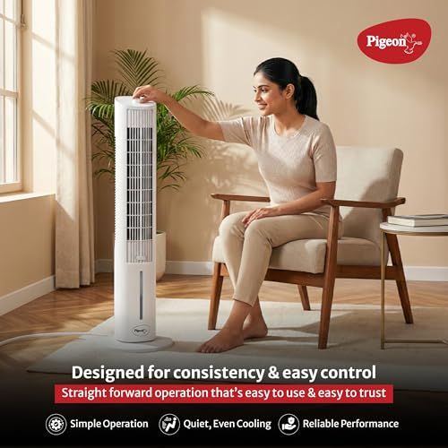 Image of Pigeon High Performance Tower Fan with Manual Control, 3 speed settings, Quiet Operation, Low Power Consumption and Lightweight Portable Body, White