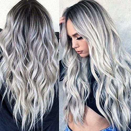 RSM Perruque synthétique longue aspect naturel ondulé résistante à la chaleur Gris argenté ombré Cover