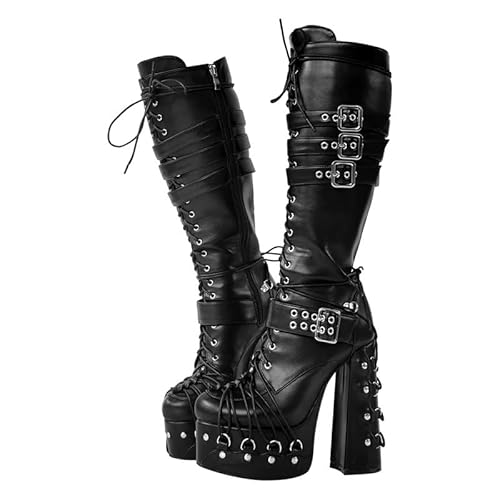 blingqeen Punk Stiefel Plateau Schnürstiefel für Damen Blockabsatz - 39 EU - Schwarz