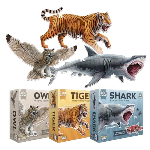Tiger, Shark and Owl Animal Anatomy Floor Puzzle | 100-Piece Double Sided Jigsaw Puzzle | Scientifically Accurate Illustration - Fun and Educational Toy for Kids and Toddlers (Tiger, Owl, and Shark)
