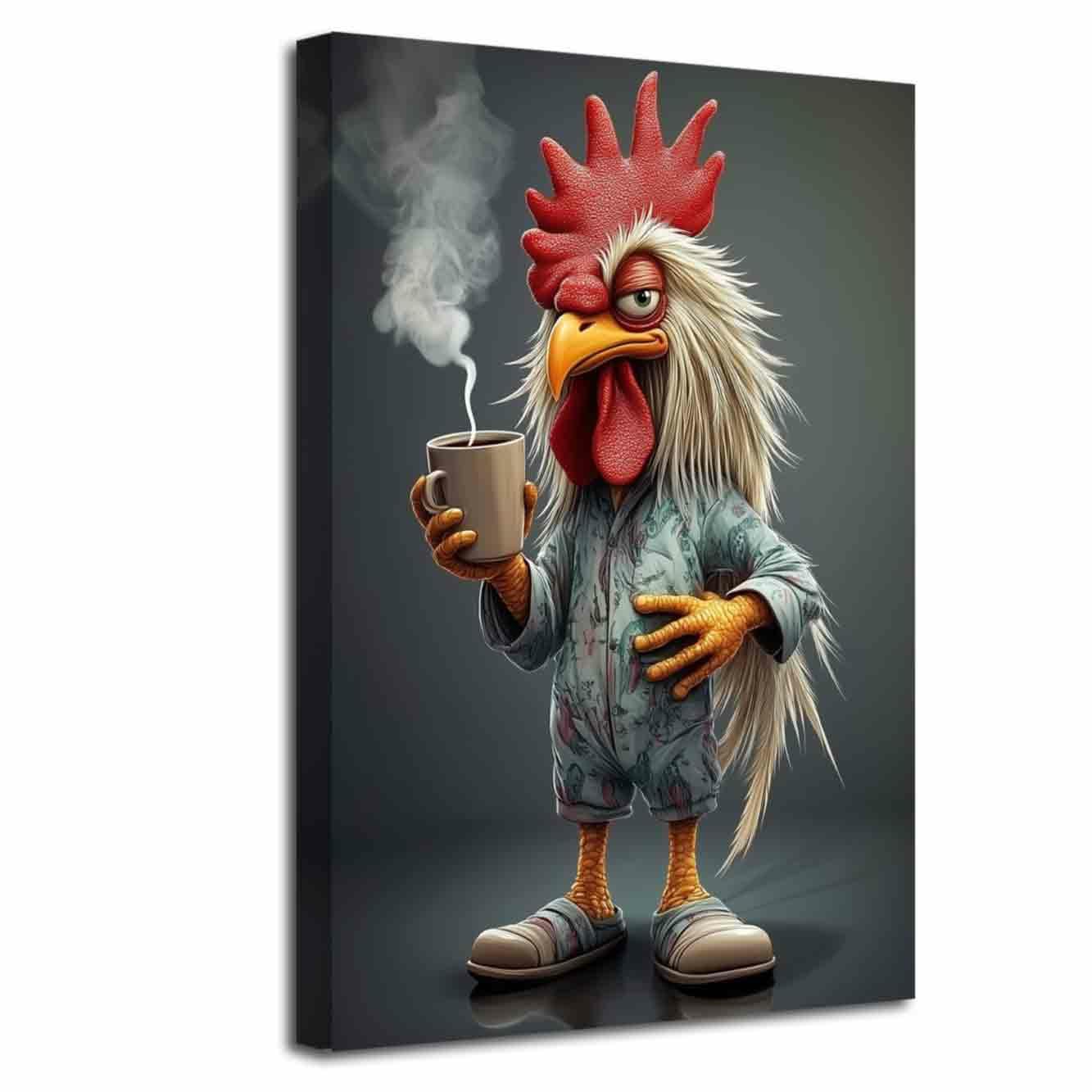 LZIMU Funny Chicken Wall Art Kitchen Rooster Picture Whimsical Animals Drinking Coffee Painting Poster Rustic Farm Animal Canvas Prints Dining Room Bar Cafes Decor (105L x 70W cm)