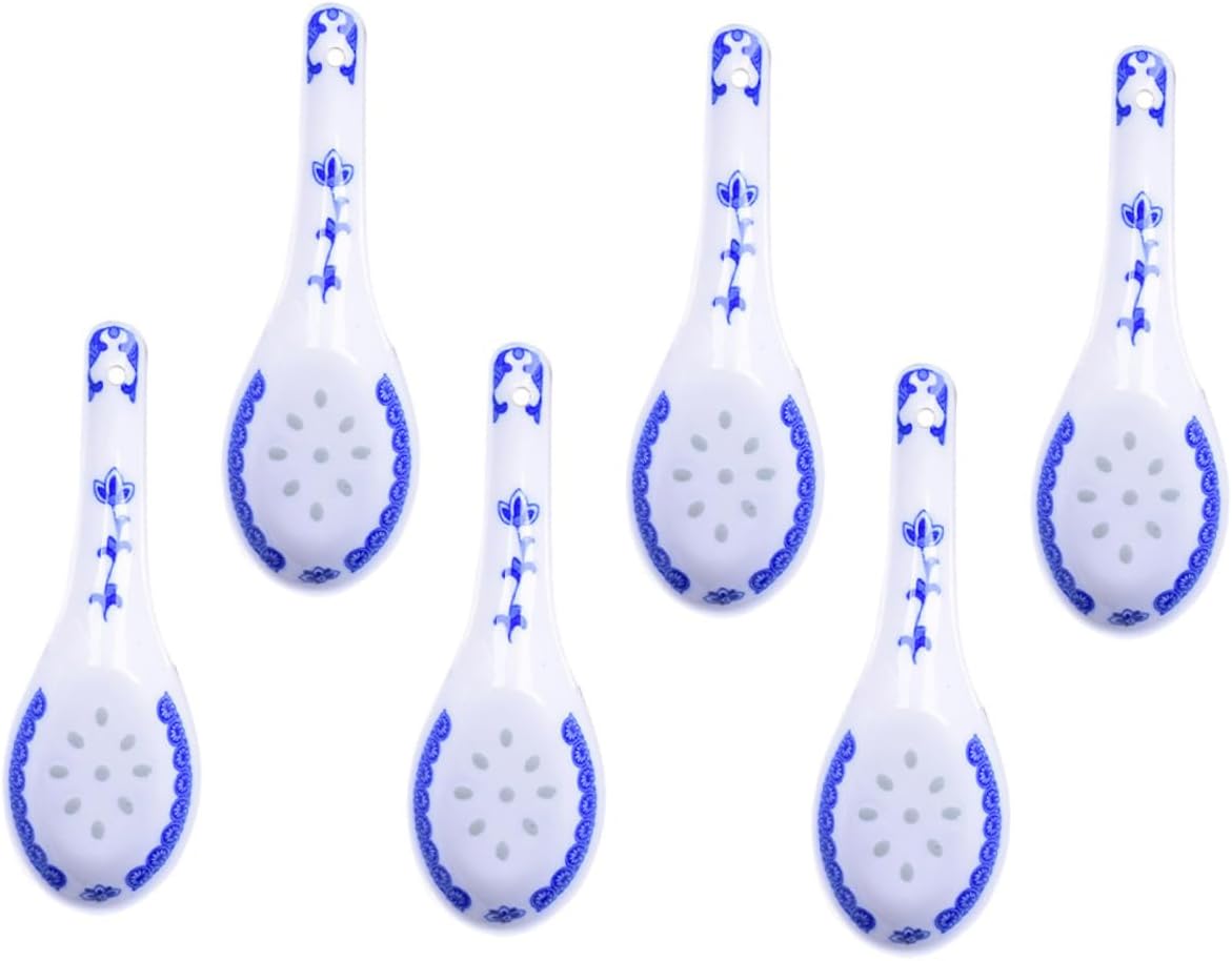 Chinese Style Soup Spoons 6 Pcs Ceramic Blue Heat Resistant