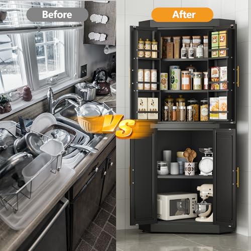 Image of GAIOUS 63 inch Tall Metal Corner Kitchen Pantry Cabinet, Steel Storage Cabinets with 4 Doors and 3 Shelves, Kitchen Food Cabinets with 6 Door Panel Shelves, Farmhouse Cupboard for Kitchen Dining, Black