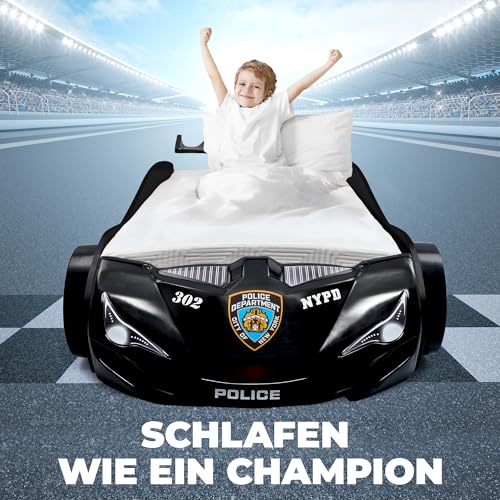 MARQA Kinderbett |Bodenbett | Kinderbett 90x200 |Autobett Rennwagenbett |Polizeiautobett inkl.Rollrost (ohne Matratze, Schwarz babybett)