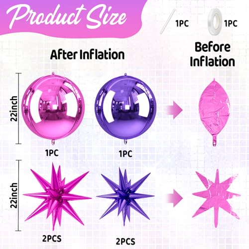 Image of 6pcs 22 Inch Hot Pink Purple Star Balloons And 4d Large Foil Balloons, Hot Pink Foil Star Spike Balloon Purple 4d Ball Balloon For Girls Women Birthday Baby Shower Party Wedding Anniversary Decoration
