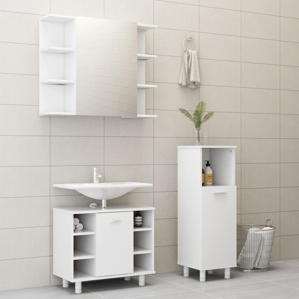 3-częściowy zestaw mebli łazienkowych, biały materiał drewnopochodny, szafka z lustrem, szafka środkowa, szafka pod umywalkę, 80 x 20,5 x 64 cm, miejsce do przechowywania łazienki, nowoczesne