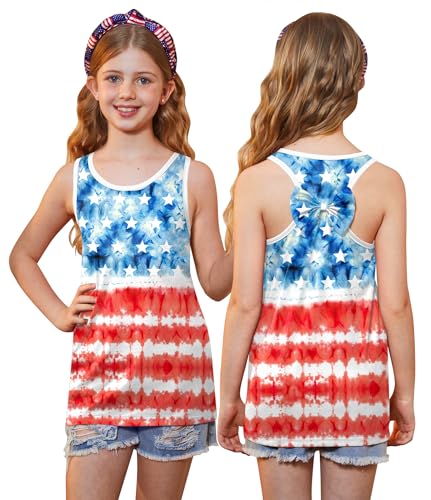 4th of July Girls Flag Tank Top Back Bow Sleeveless Patriotic Holidays T-Shirt 4-14 Years