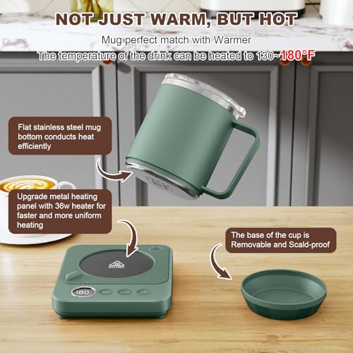 Image of Felibeaco Coffee Mug Warmer & Mug Set for Desk, Smart Coffee Cup Warmer with 16oz Heated Mug, Cup Heater with Auto Shut Off for Office /Home, Coffee Gifts for Men&Women, for mom,Green