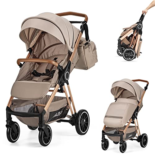 HEAO Baby Stroller with mom Bag, Travel System Ready, with One-Hand Fold,Beige