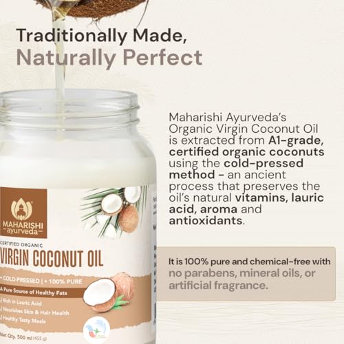 Image of Maharishi Ayurveda Organic Certified Virgin Coconut Oil | Cold-Pressed, Unrefined & Chemical-Free | For Cooking, Skin & Hair Nourishment | 500 ml (Glass Jar) Pack of 2