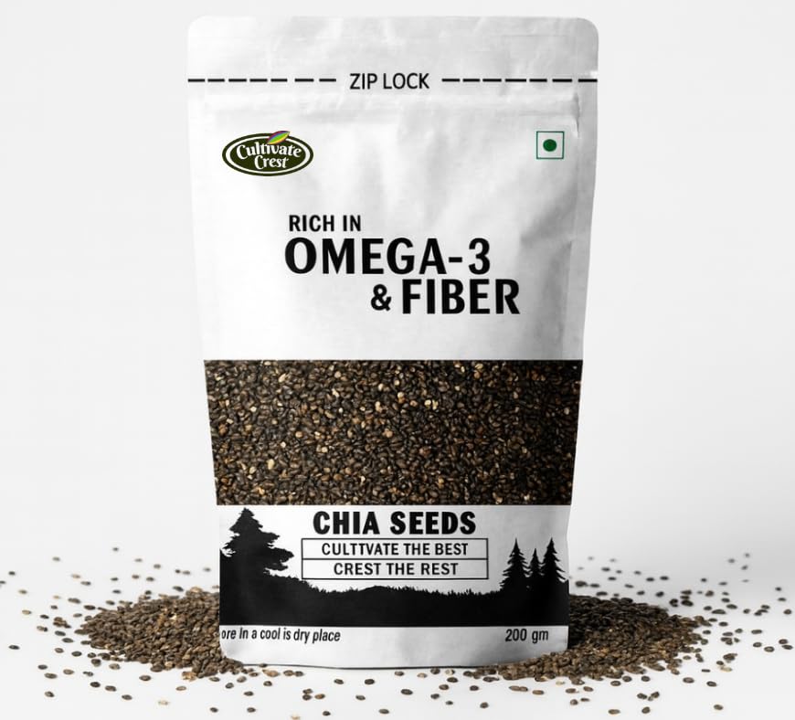 Image of Cultivate Crest Organic Chia Seeds 200g | 100% Natural & Raw, High Protein Seeds | Rich in Omega 3 & High Fibre, Vegan Superfood, Gluten Free, For Smoothies, & Daily Nutrition for Weight Management