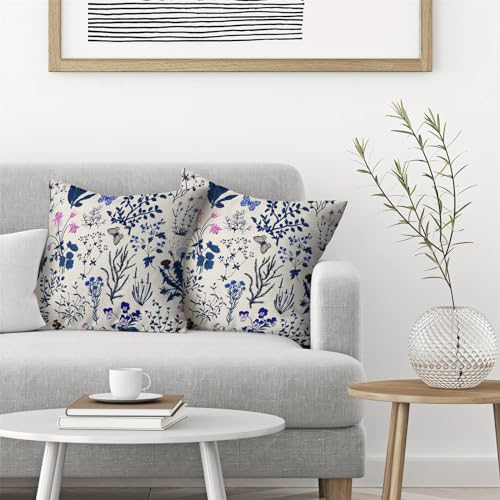 Image of AEIOAE Summer Pillow Covers 20x20 Inch Set of 2,Navy Blue Wild Flower Plant Throw Pillows Case,Seasonal Floral Outdoor Decorative Square Linen Farmhouse Decor Cushion Covers for Home Sofa Bed Couch