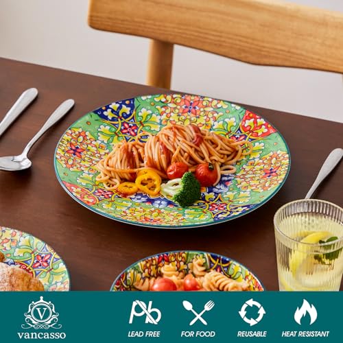 Image of vancasso 12 Pieces Dinnerware Sets, Green Plates and Bowls Set, Porcelain Dishes Set for 4, Microwave and Dishwasher Safe, Scratch Resistant, Bohemian Style Dining Ware Service for 4, Series SIMI