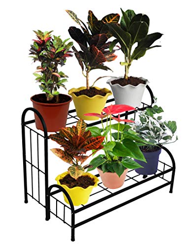 Image of ORCHID ENGINEERS Metal Plant Stands, Corner Plant Stand Pot Stand, Planter Stand Holder for Balcony - Black (Black, 2-Tier Step Type)