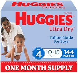 Huggies Ultra Dry Nappies Boys Size 4 (10-15kg) 144 Count - One Month Supply (Packaging May Vary)