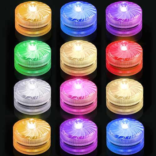 idyl light Luces LED sumergibles, luces de té impermeables, batería subacuática para piscina, luces LED para estanque y celebración de pesca, boda, sin llama, paquete de 12, RGB)