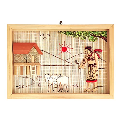 Image of Vinca Art Tribal Lady Hut Painting - Handcrafted Village Life Wall Art - Bamboo Design Decor for Living Room and Guest Room - Home Decor Wall Hanging (Frame) - 8 x 11 Inch