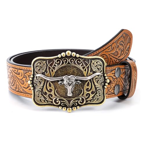 Image of Cowboy Cowgirl Belt Western Belts for Men Women Floral Engraved Longhorn Bull Buckle Belt for Jeans