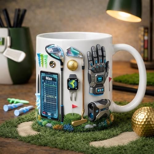 Personalized Golf Tech Coffee Mug, Custom Name Sport Gadget Mug, Futuristic Golfer Score Tracker Cup, Golfer Gift For Men, Him, Dad, Husband, Golf Lovers Gifts, Father'S Day Birthday Christmas Gift