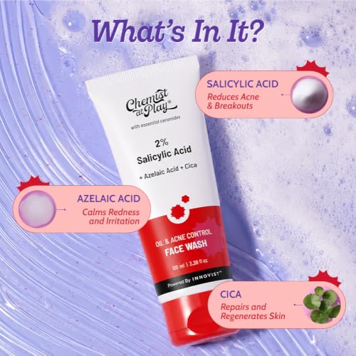 Image of Chemist At Play 2% Salicylic Acid Face Wash for Oily & Acne-Prone Skin | Controls Oil, Prevents Acne & Fades Acne Marks | With Niacinamide | Soap-Free, Sulphate-Free Cleanser | For Men & Women |100 ml