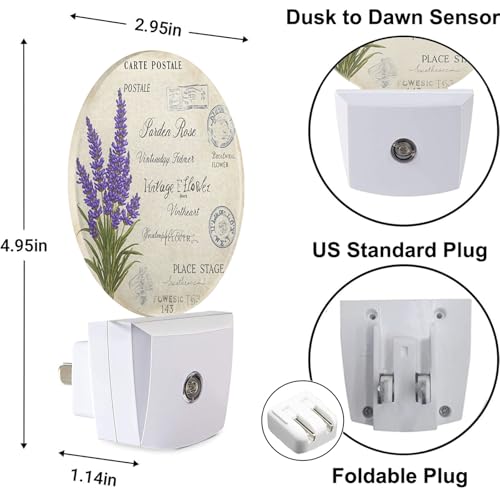 Image of Lavender Night Light Purple Floral Spring Summer Flowers Night Lights Plug into Wall Dusk to Dawn Sensor Round LED Lighting for Men Women Boys Girls, 0.5W Energy Efficient