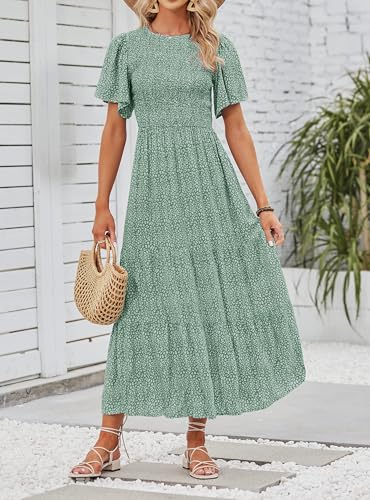 Image of ZESICA Women's 2026 Summer Boho Floral Maxi Dresses Casual Short Flutter Sleeve Smocked Tiered Flowy Dress