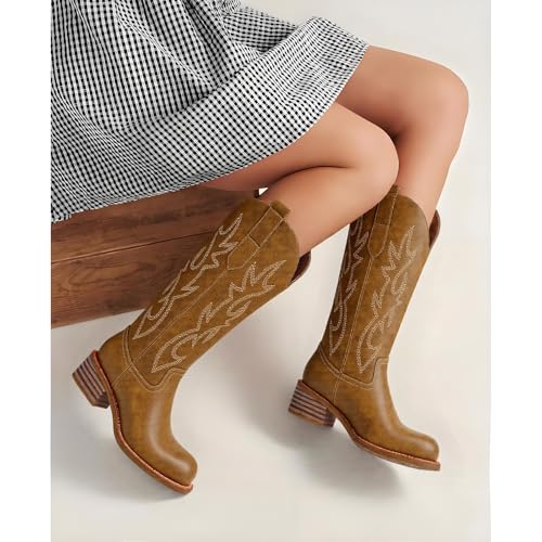 Cowboy Boots Knee High Women Western Embroidered Square Toe Wide Calf Chunky Heel Chunky Heel Retro Classic Tall Boot Pull on for Ladies Fall Winter3