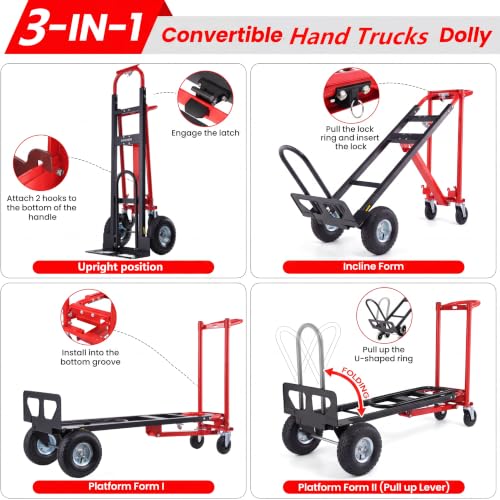 Image of 4 in 1 Hand Truck Dolly, 1000Lb Heavy Duty Convertible Folding Hand Truck Dolly Cart with Wheels 10 inch All-Terrain Tires, Hand Cart for Moving /Warehouse /Outdoor /Logistics /Shopping /Home /Office