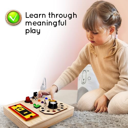 Image of Wooden Montessori Musical Busy Board for Toddlers for 3-5 Year-Old with Mechanical Turner, Colorful Bulbs, Switches, Buttons - Enhance Sensory, Motor Skills (Updated)