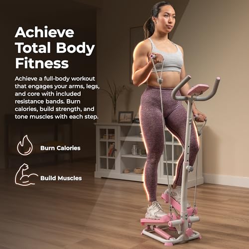 Sunny Health & Fitness Total Body 2-in-1 Smart Stepper Machine for Home with Handlebar and Resistance Bands, Total Body Workout, Adjustable Hydraulic, LCD Monitor, Non-Slip Pedals – 330 LB Max Weight - Image 3
