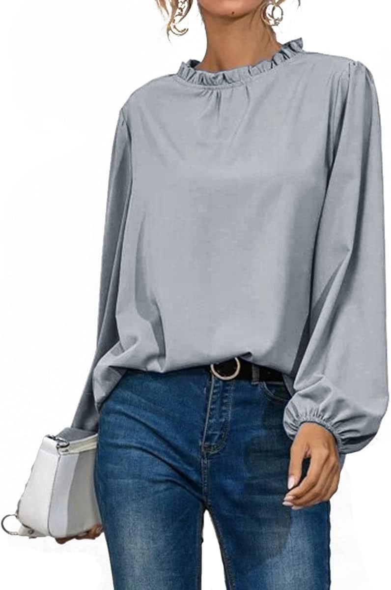 Women's Frill Mock Neck Flounce Blouses Long Sleeve Ruffle Casual Shirts Tunic Tops X-Large Grey